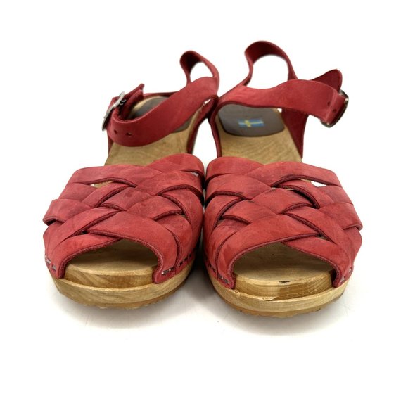 MIA Bety Woven Suede Leather Heeled Wood Swedish Clogs Red Size 39 8.5 - Picture 6 of 10